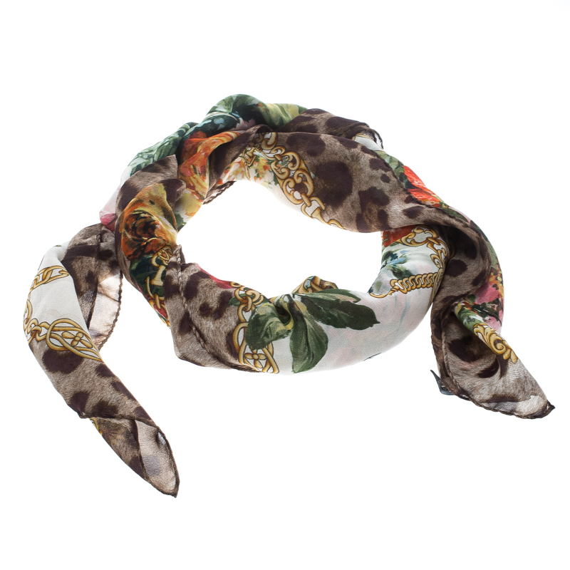 Pre Owned Dolce and Gabbana Floral and Leopard Printed Silk Chiffon Square Scarf