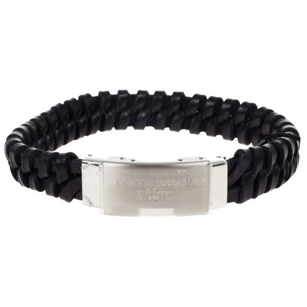 Dolce & Gabbana Black Woven Leather Plaque Bracelet Large