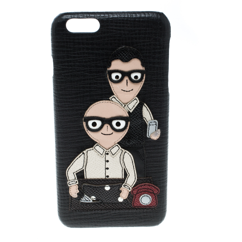 Pre Owned Dolce & Gabbana Black Leather Father and Son Patch Iphone 6+ Case