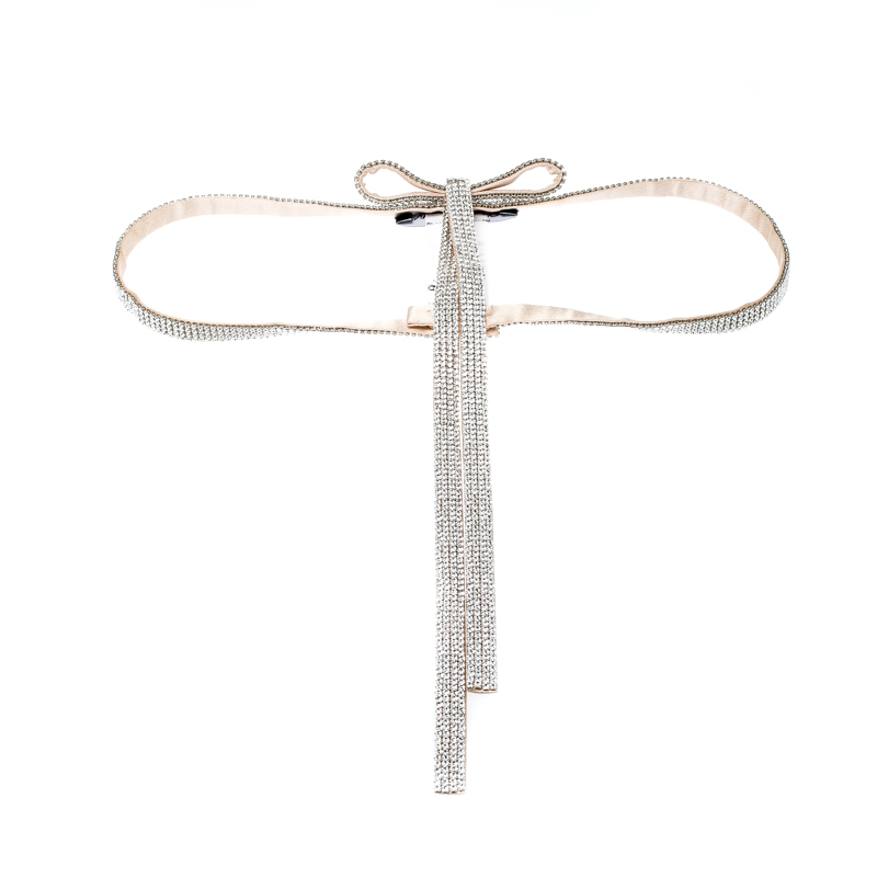 Pre Owned Dolce and Gabbana Beige Crystal Embellished Satin Bow Belt 75CM