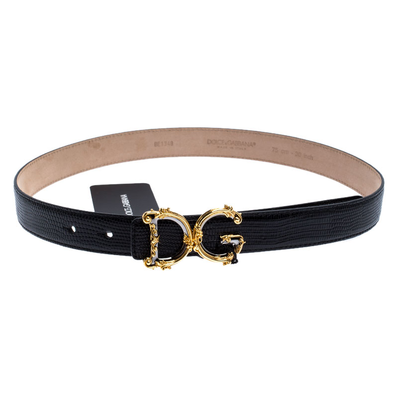 Dolce and Gabbana Black Lizard Embossed Leather Decorative Logo Belt ...