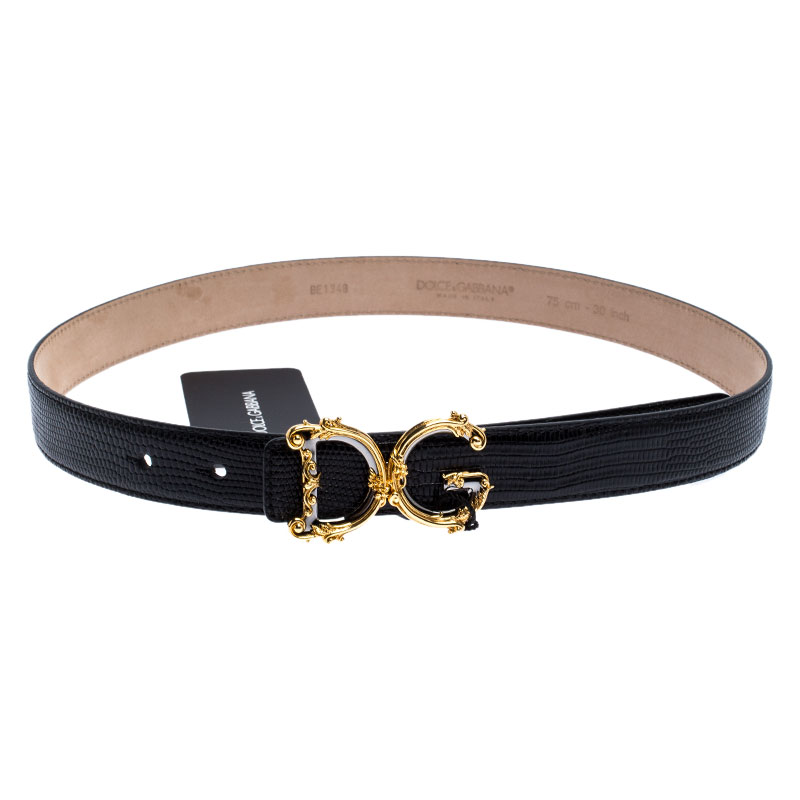 مملوكة مسبقًا Dolce and Gabbana Black Lizard Embossed Leather Decorative Logo Belt 75CM