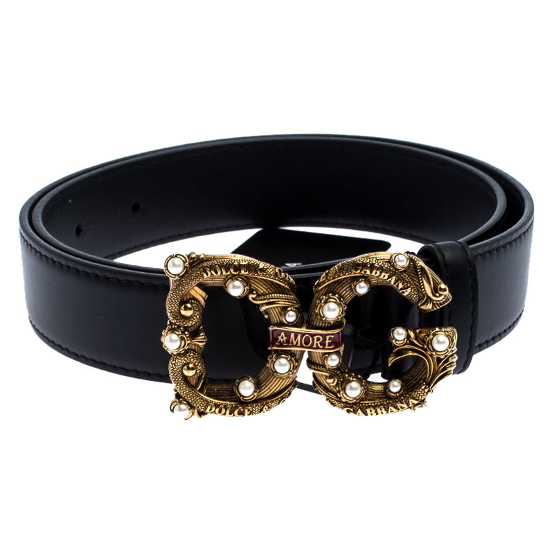 Dolce and Gabbana Black Leather DG Amore Belt.