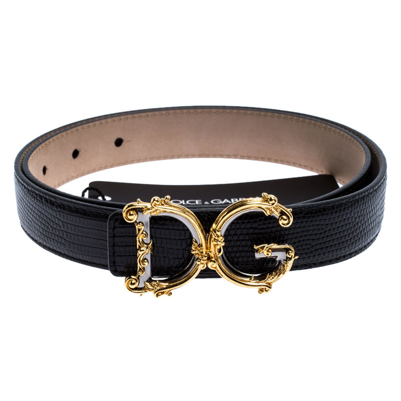 

Dolce and Gabbana Black Lizard Embossed Leather Decorative Logo Belt