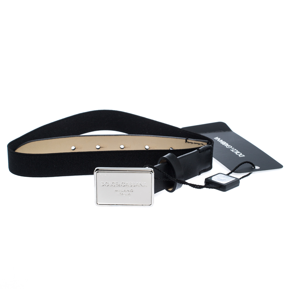 

Dolce & Gabbana Black Leather and Elastic Logo Plaque Belt
