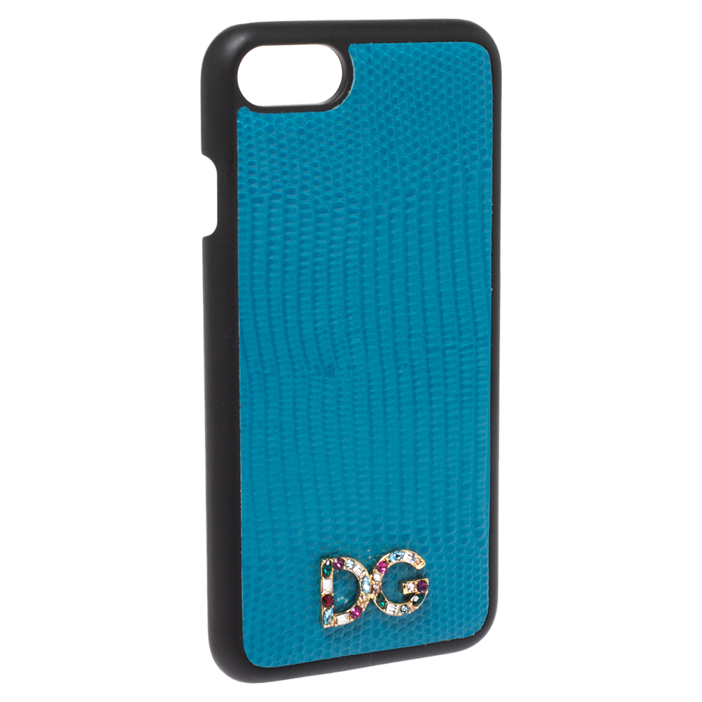 

Dolce & Gabbana Blue Lizard Effect Leather Crystal Logo iPhone 7 Cover