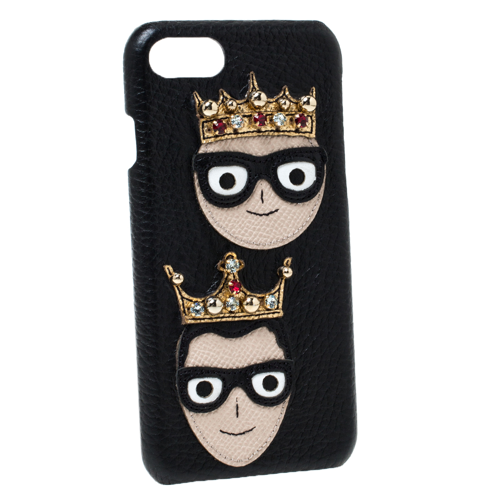 

Dolce and Gabbana Black Leather Embellished Crown Face Patch iPhone 7 Case