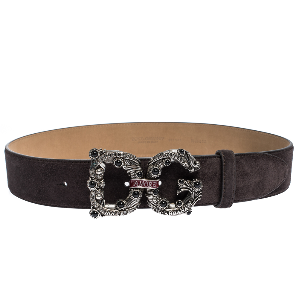 Dolce & Gabbana Dark Brown Suede Leather DG Amore Logo Belt 80CM