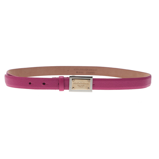 Pre Owned Dolce and Gabbana Pink Leather Logo Plaque Skinny Belt 80CM