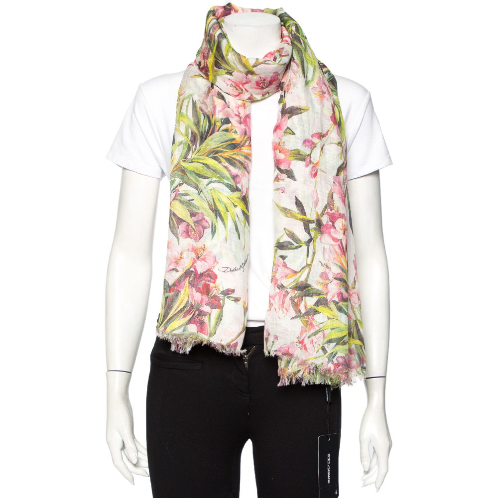 

Dolce & Gabbana White Floral Printed Modal & Linen Scarf