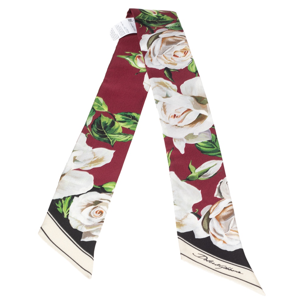 

Dolce & Gabbana Burgundy Floral Printed Silk Twilly