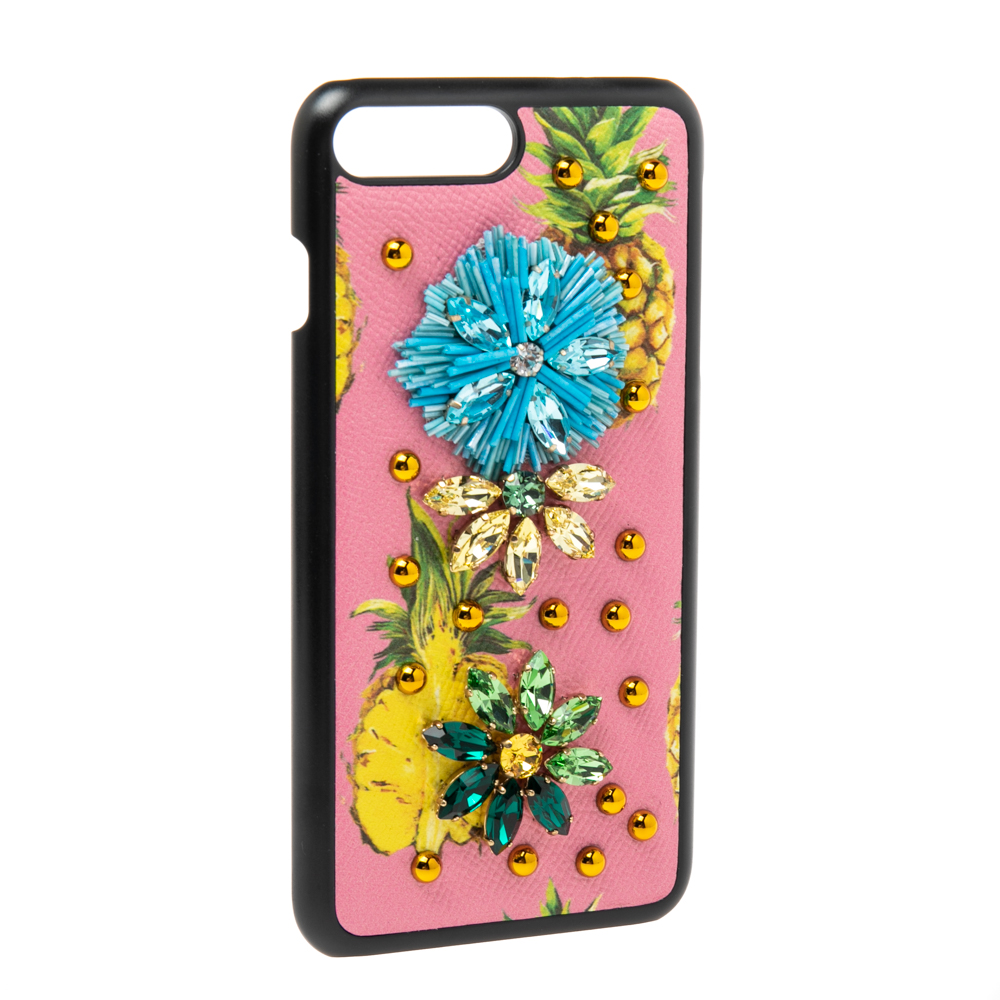 

Dolce & Gabbana Pink Fruit Print Leather Crystal Embellished iPhone 7 Plus Case