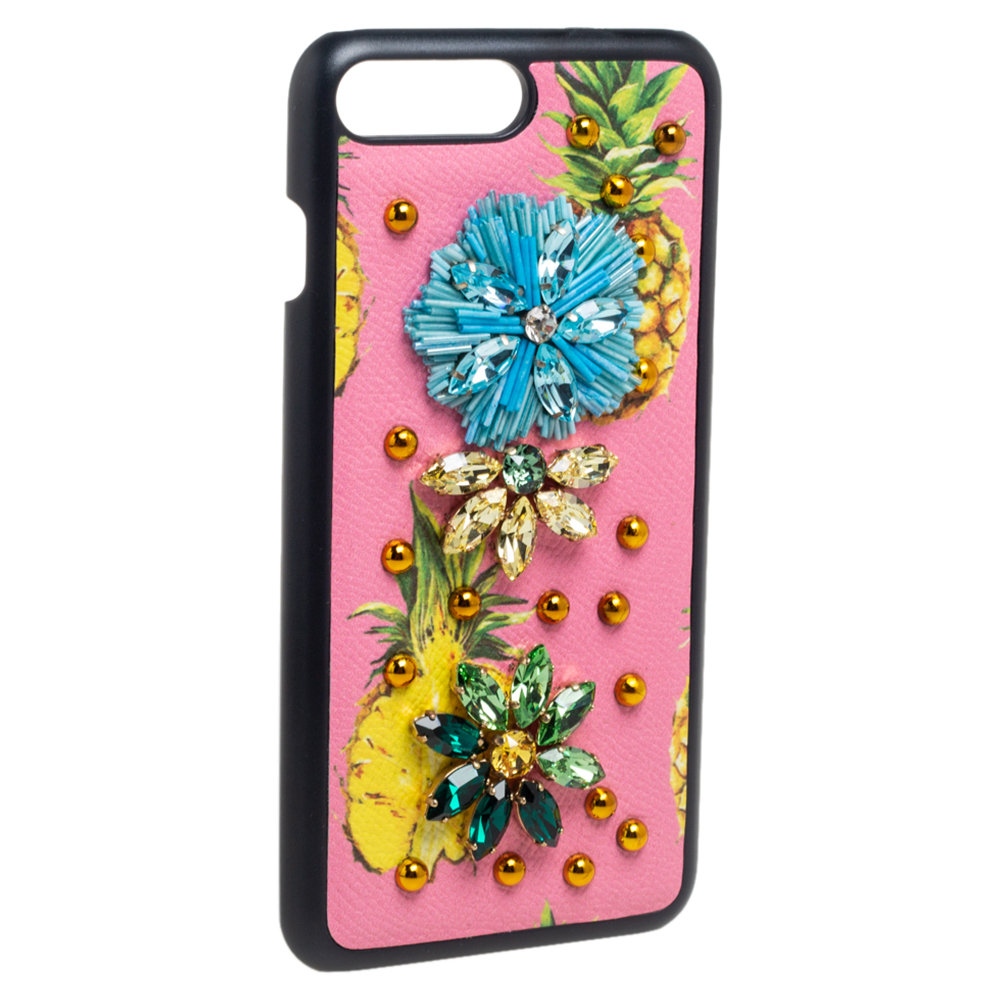

Dolce & Gabbana Pink Fruit Print Leather Crystal Embellished iPhone 7 Plus Case