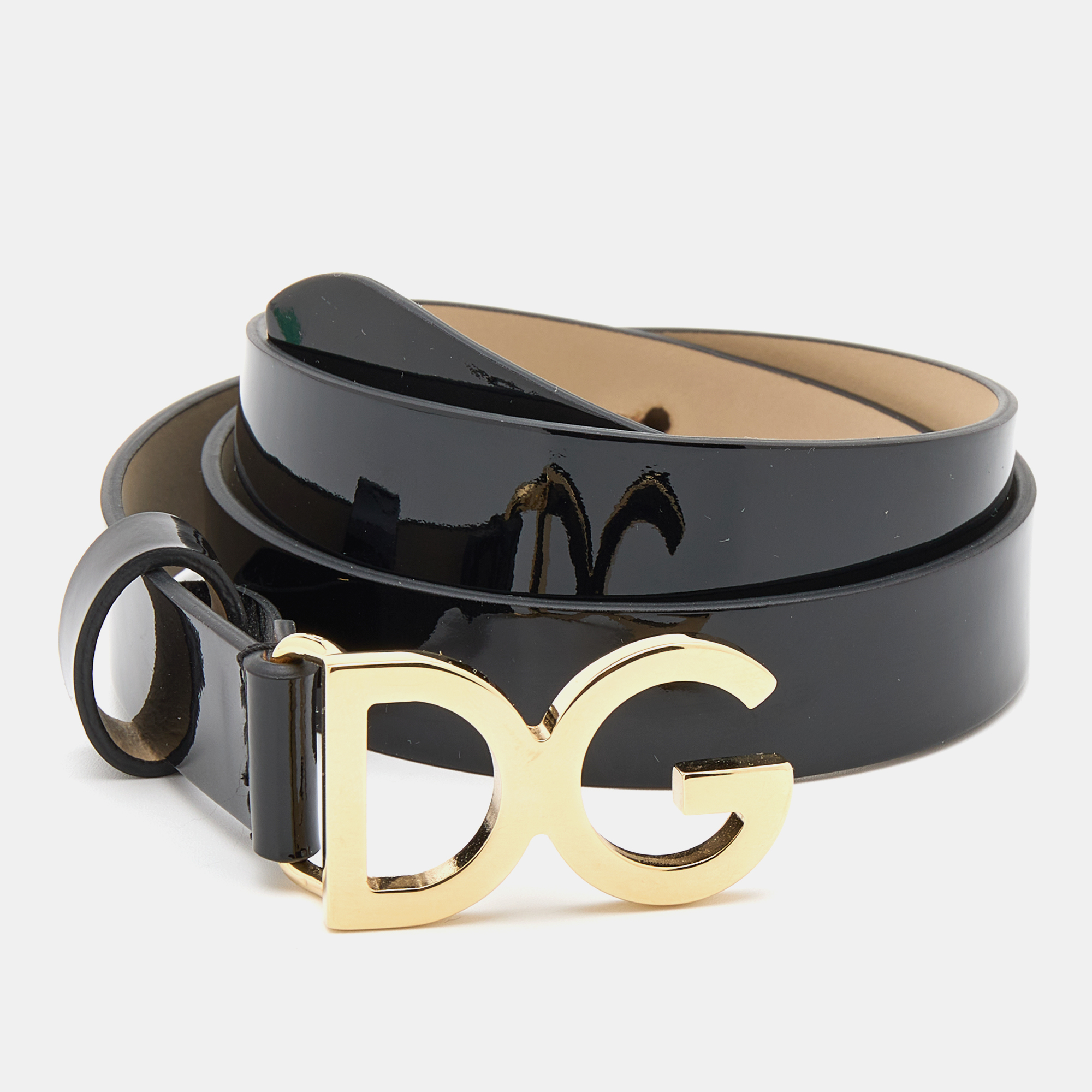 Pre-owned Dolce & Gabbana Black Patent Leather Dg Logo Slim Belt 69cm