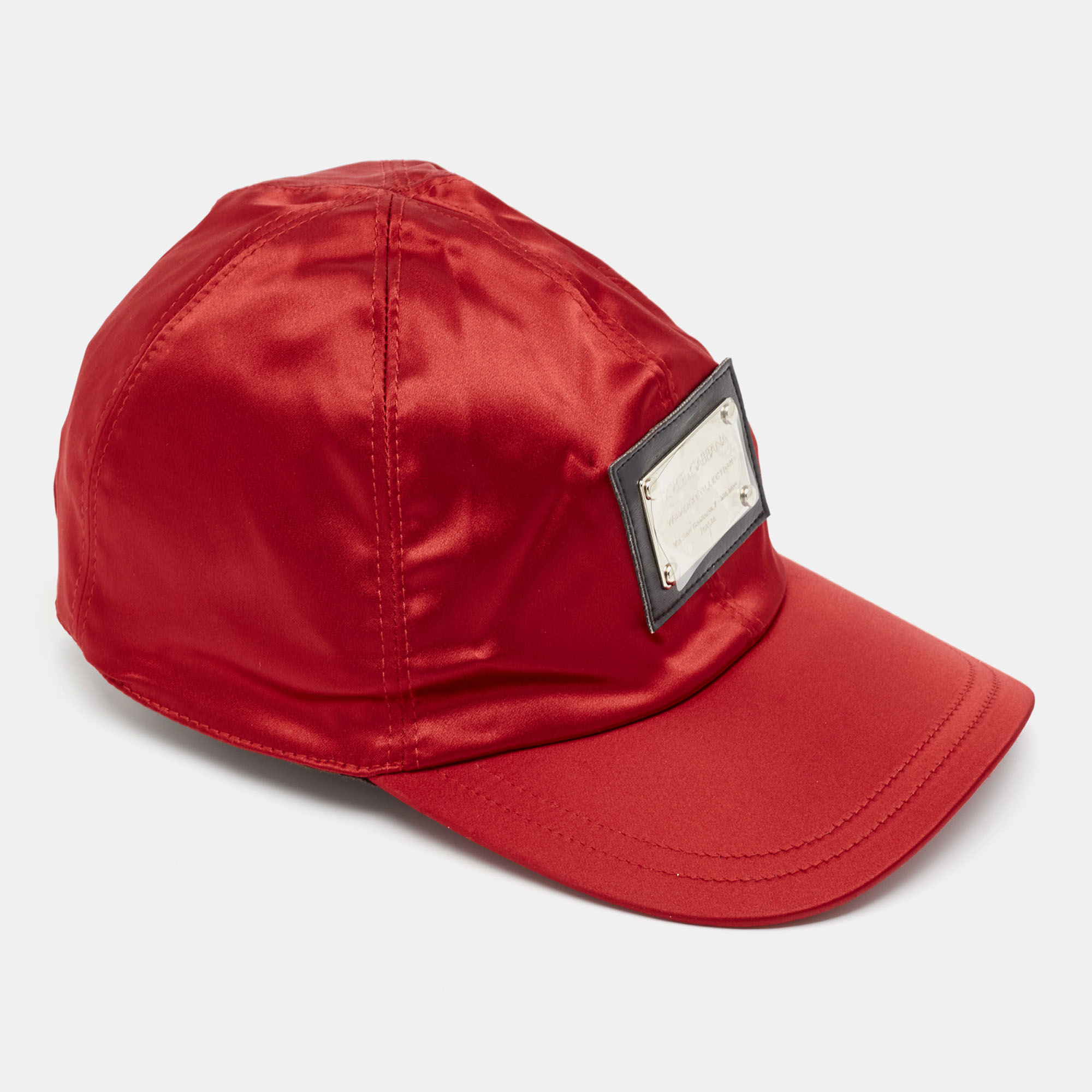Pre-owned Dolce & Gabbana Vintage Red Satin Logo Patch Cap Size 57