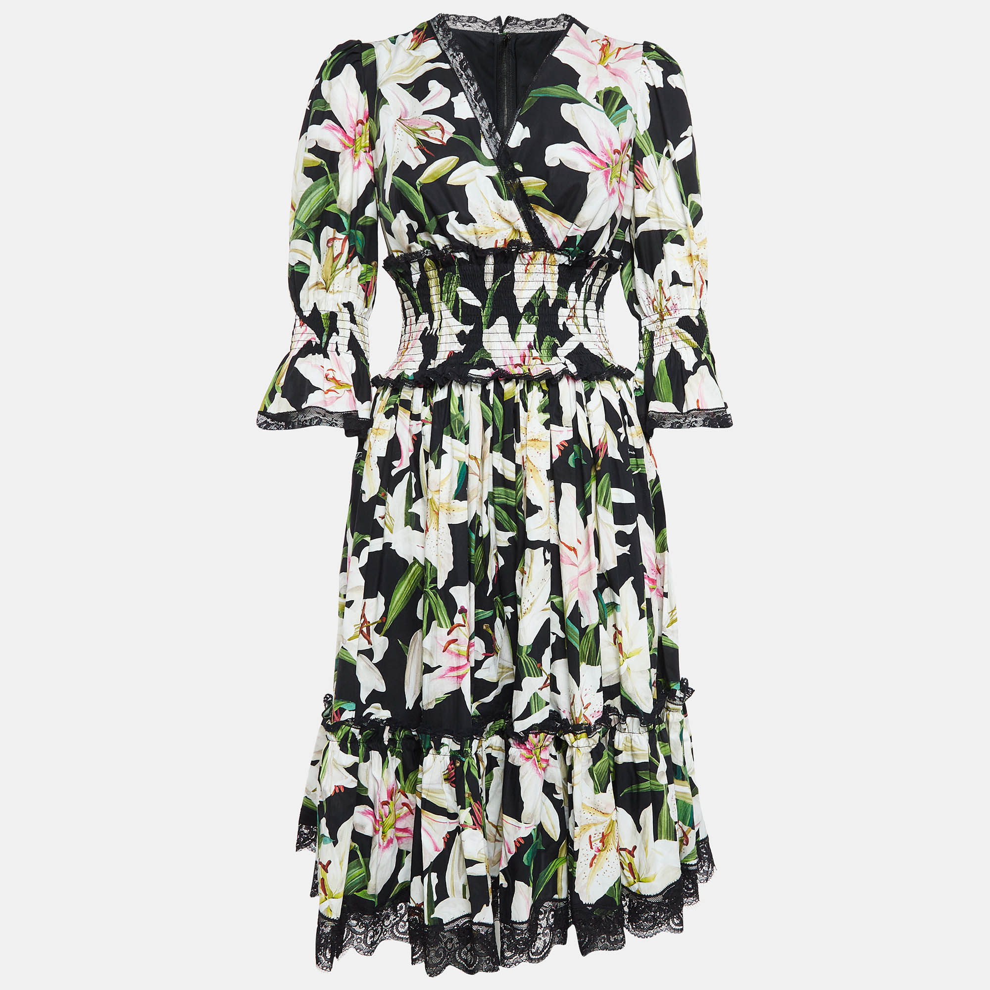 Pre-owned Dolce & Gabbana Black Lily Print Cotton And Lace Midi Length Dress M