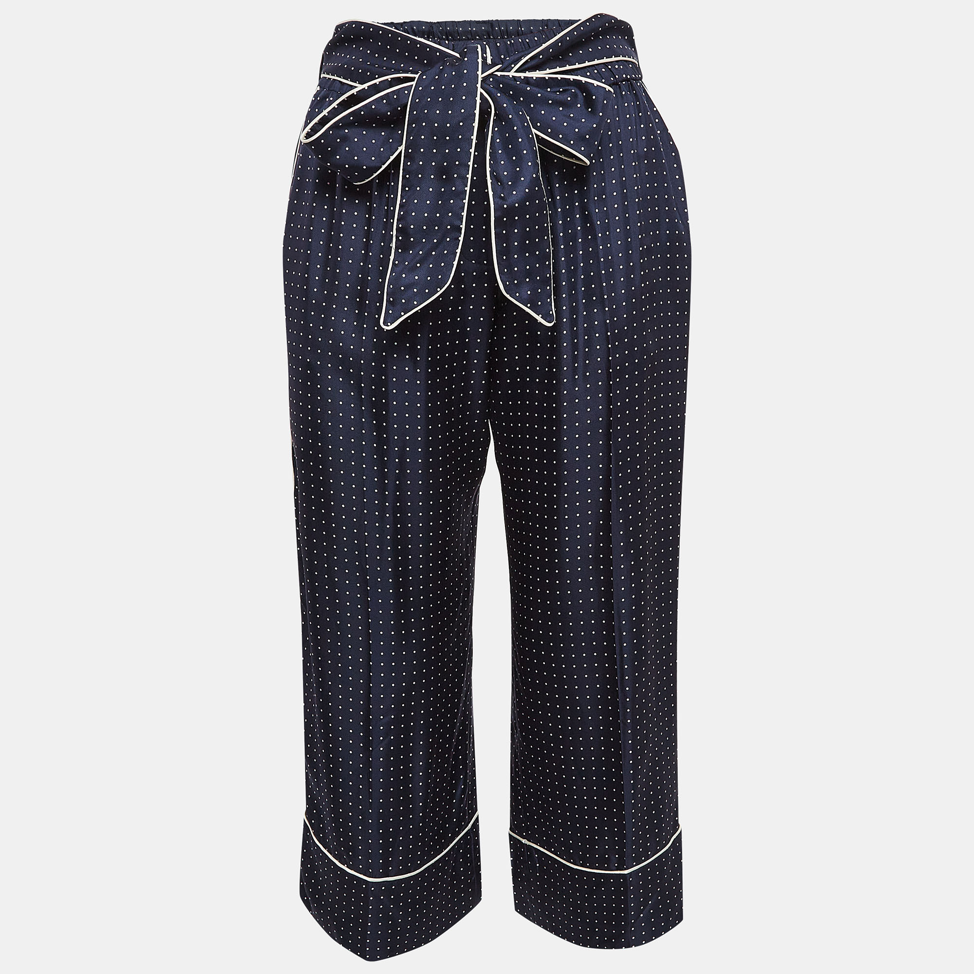 Pre-owned Dolce & Gabbana Navy Blue Polka Dots Print Silk Wide Leg Pants S