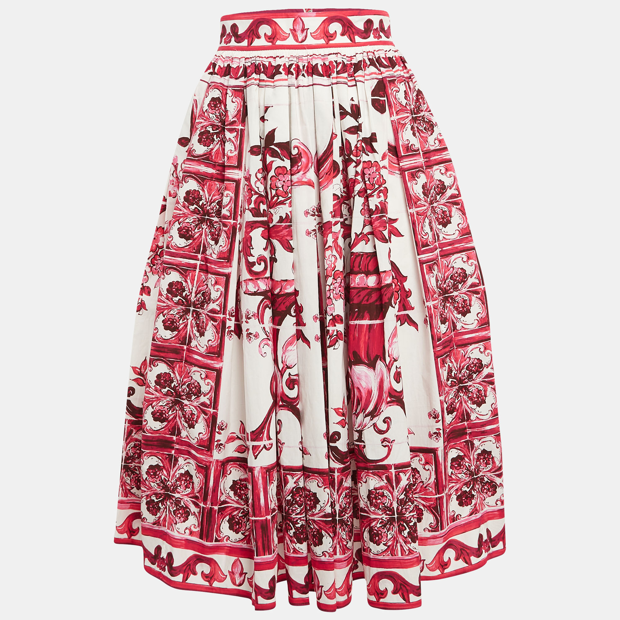 

Dolce & Gabbana Pink Majolica Print Poplin Flared Midi Skirt S