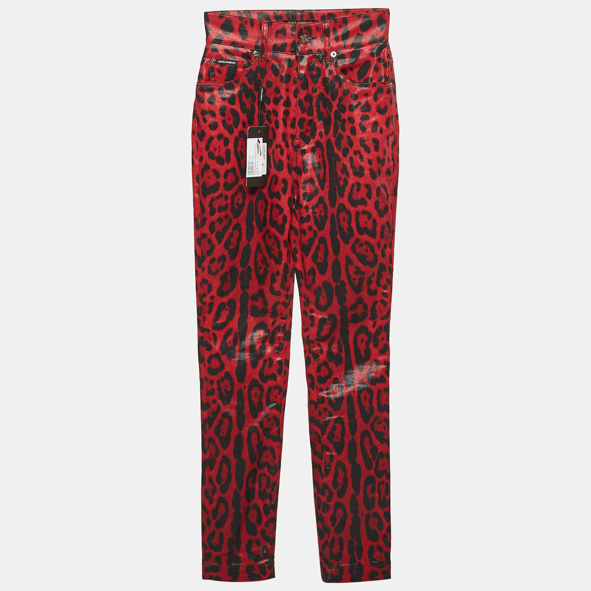 Pre-owned Dolce & Gabbana Red Leopard Print Denim Skinny Jeans S Waist 26"