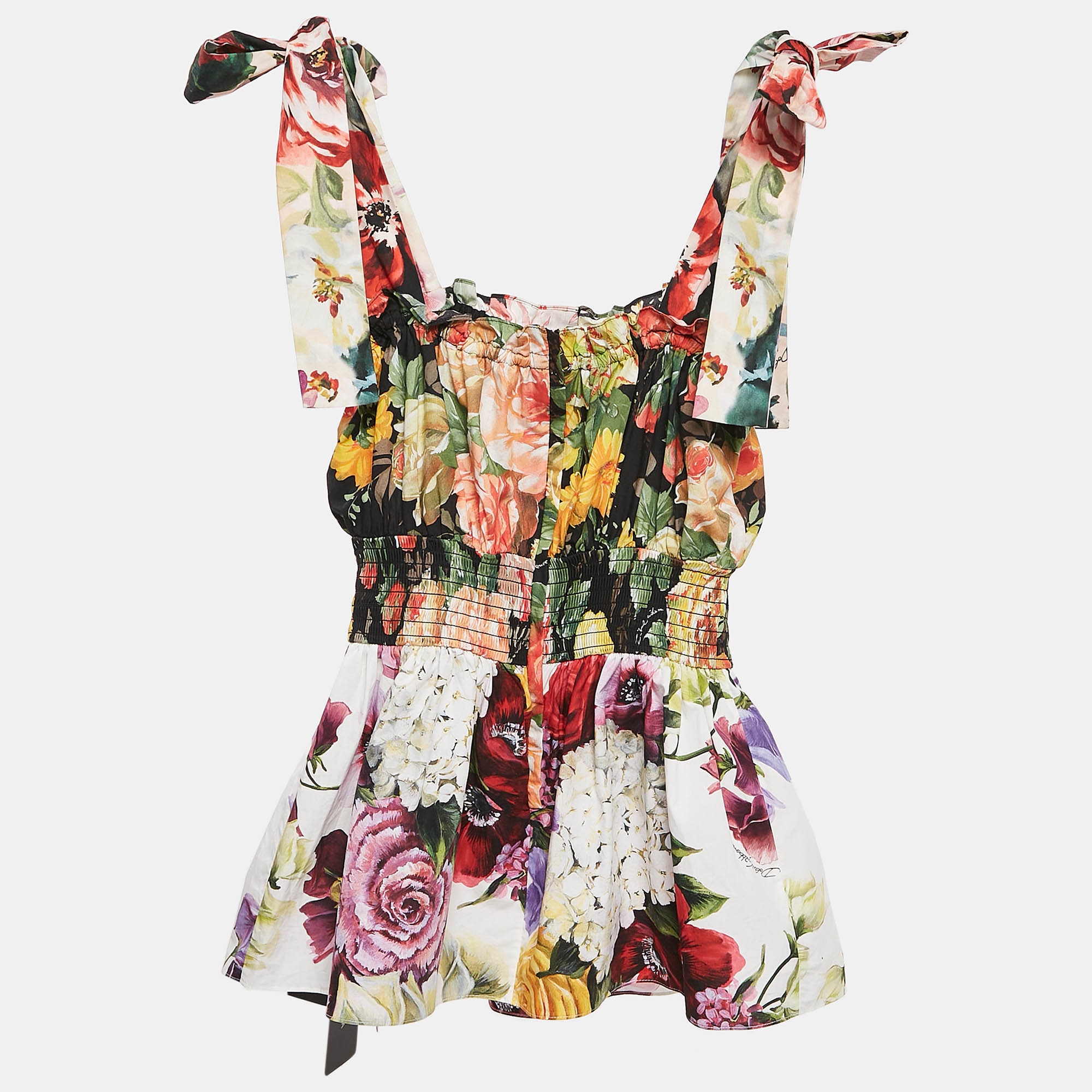 Dolce & Gabbana Multicolor Floral Print Cotton Tie-Up Strap Detail Top XS 