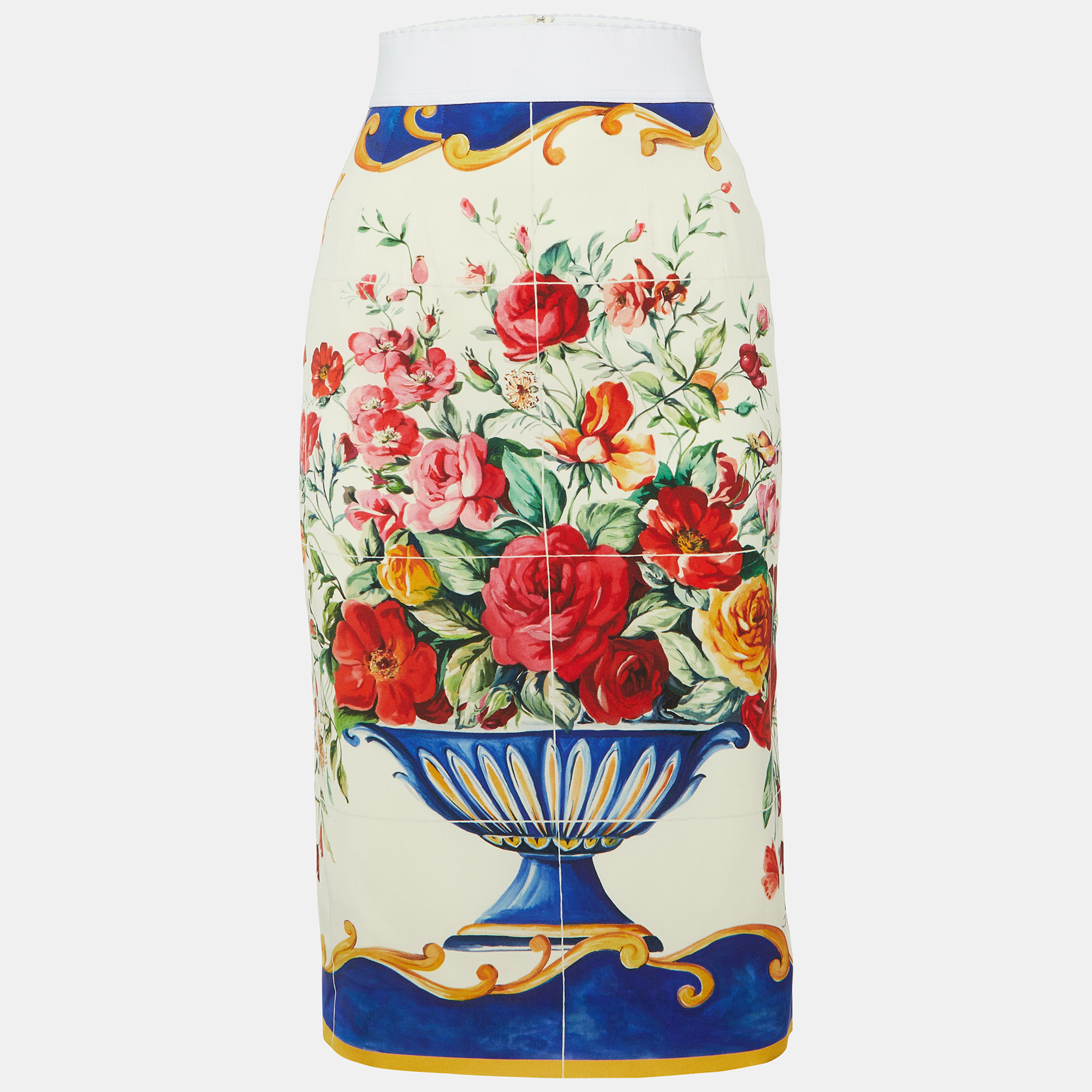 

Dolce & Gabbana Ivory Floral Vase Print Silk Midi Skirt S, White