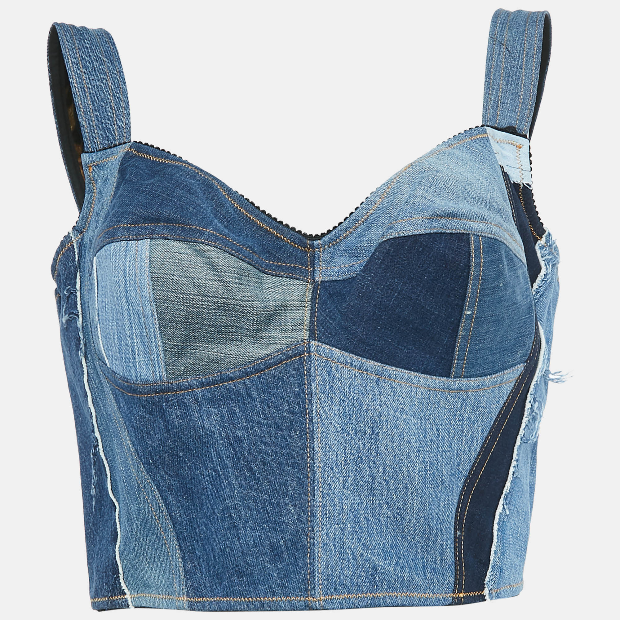 

Dolce & Gabbana Blue Patchwork Denim Bustier Top M