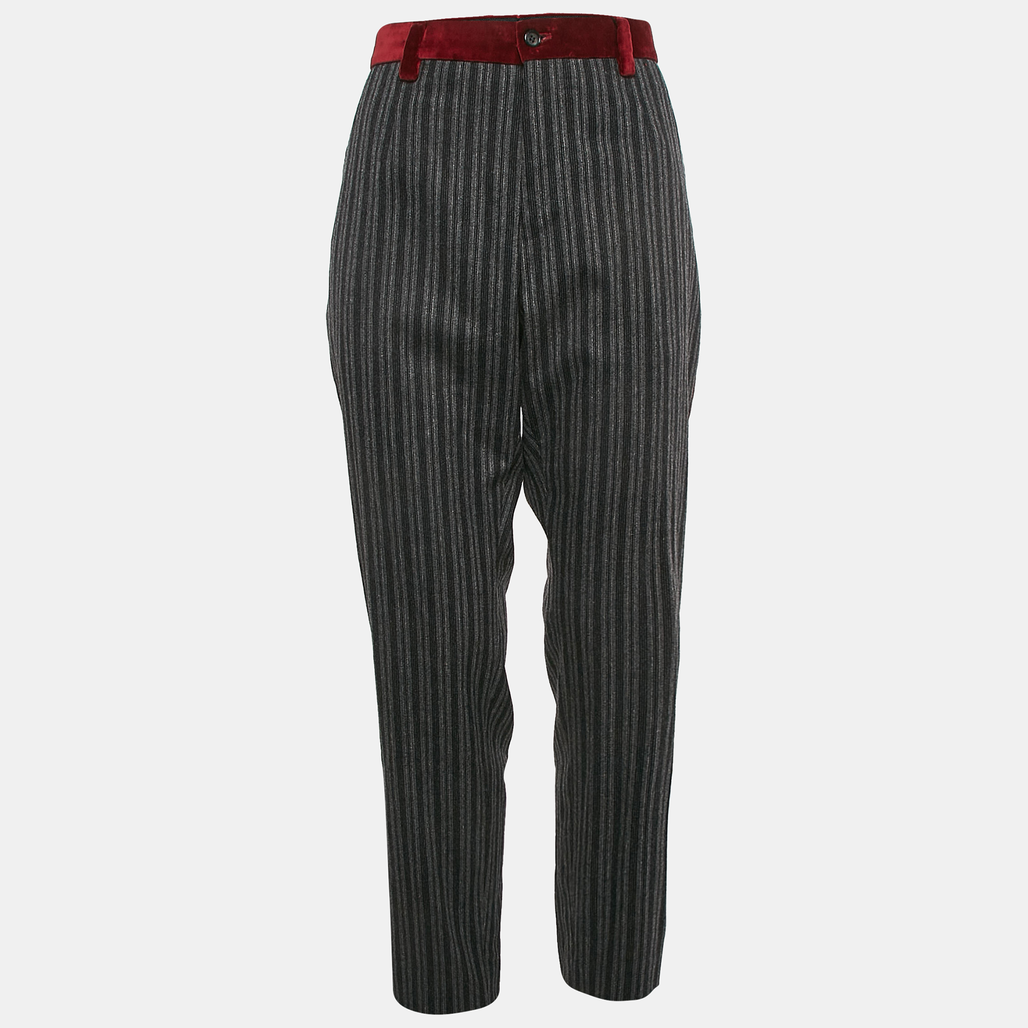 

Dolce & Gabbana Grey Striped Wool and Velvet Trim Trousers XL