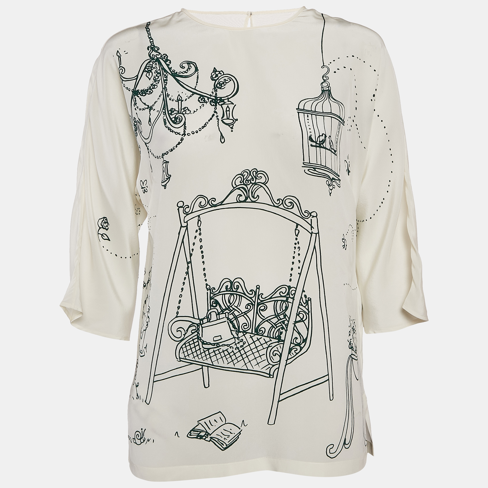 

Dolce & Gabbana Off White Bird Cage Print Silk Blouse S, Cream