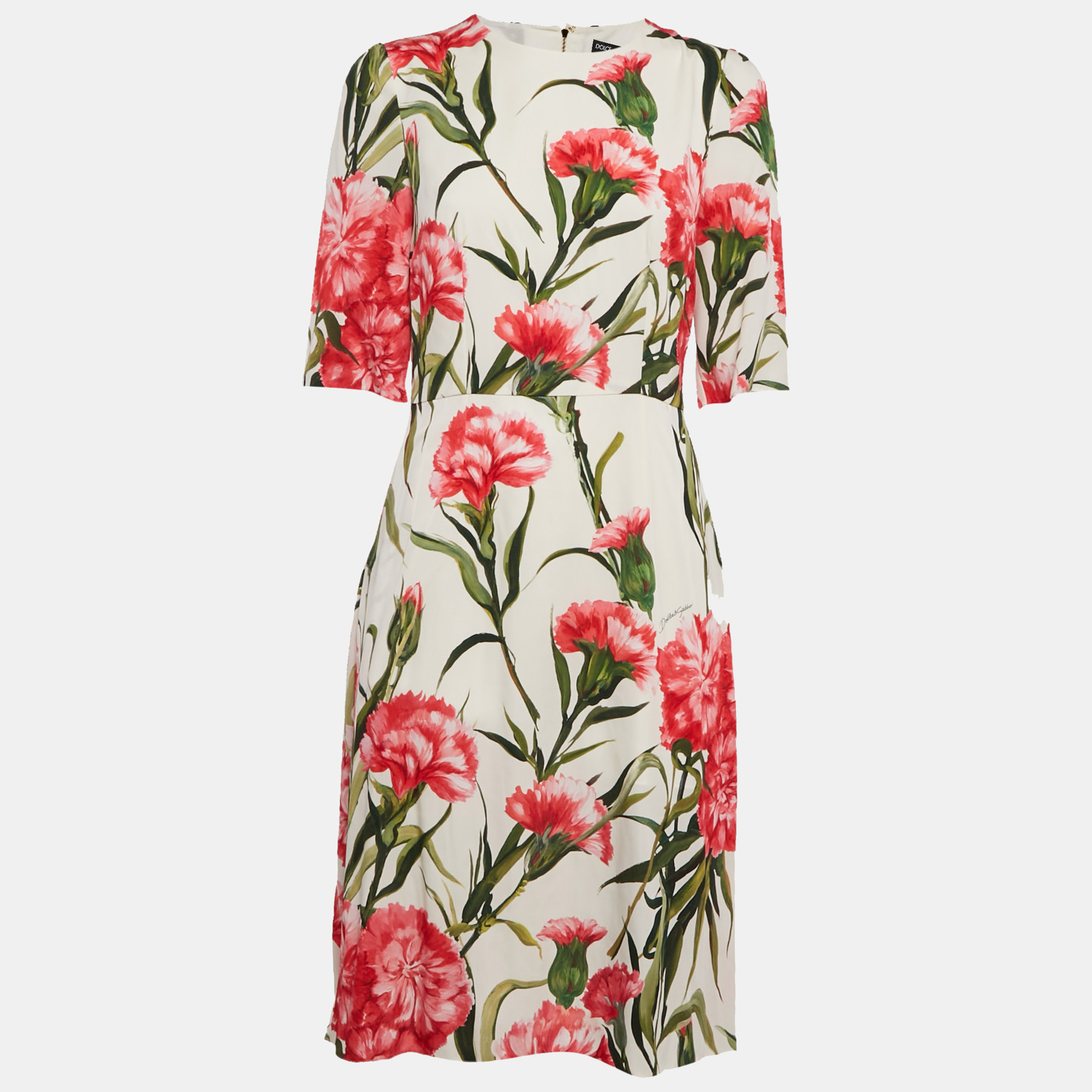 Pre-owned Dolce & Gabbana White Floral Silk Midi Dress M In Beige