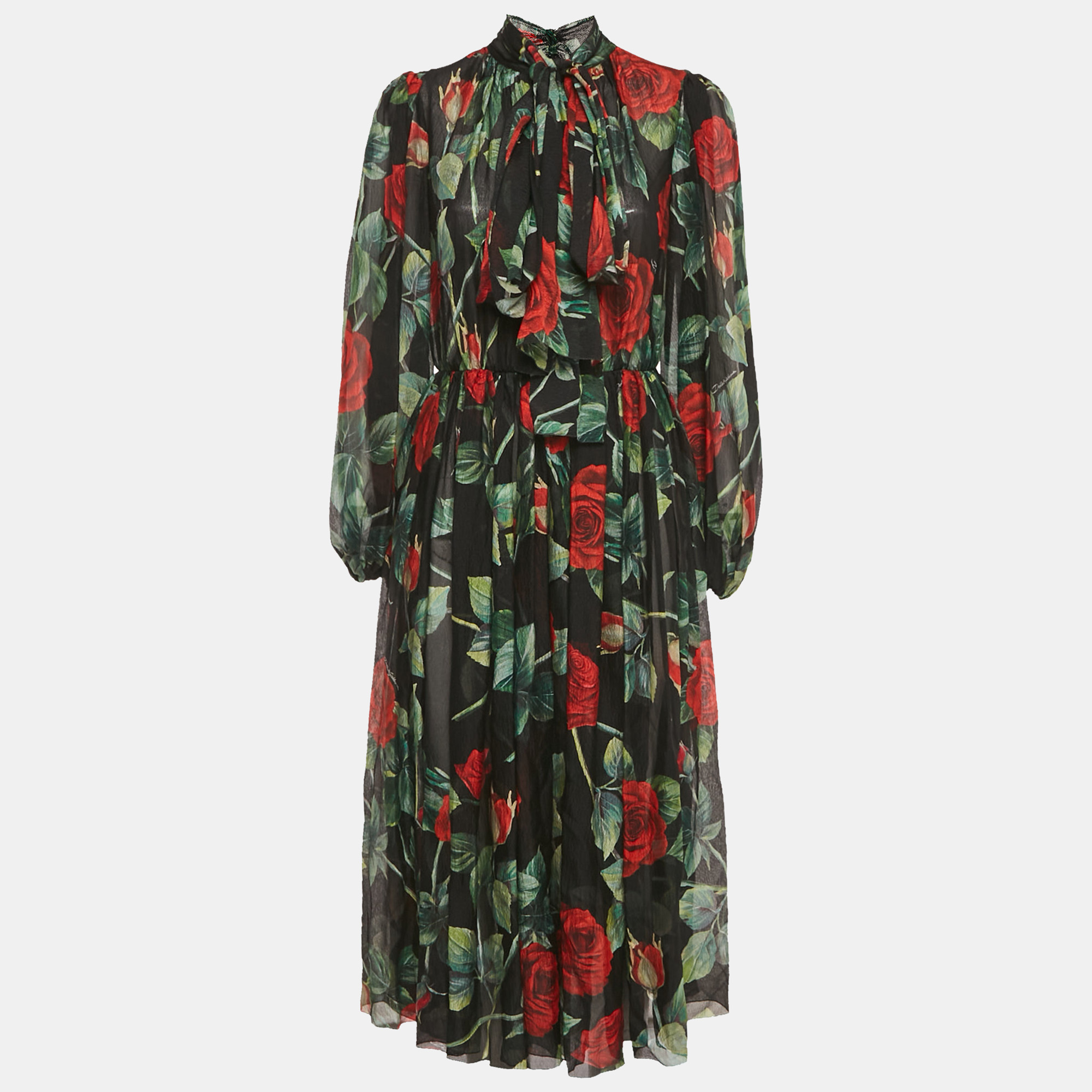 Pre-owned Dolce & Gabbana Black Rose Print Silk High Neck Midi Dress M