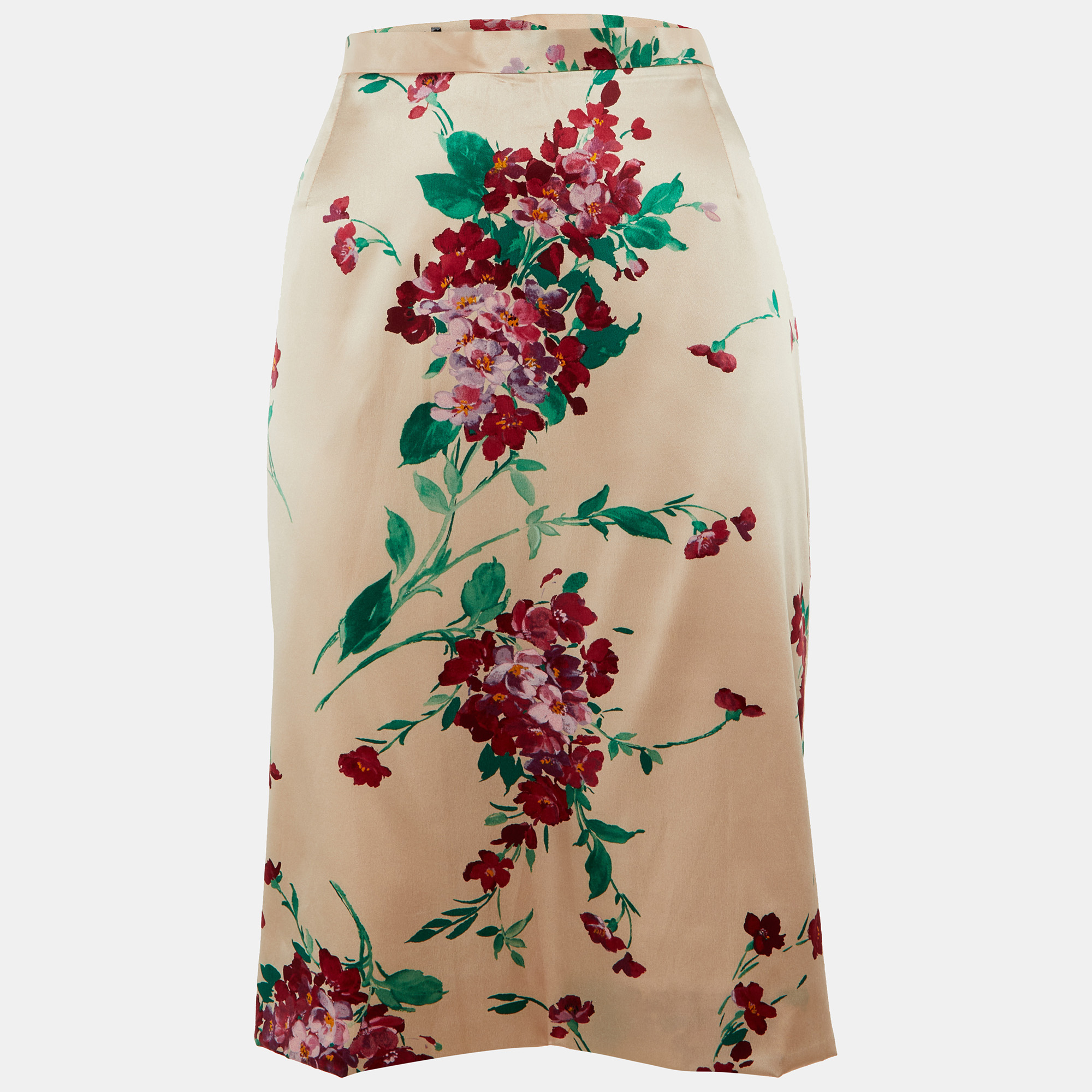 

Dolce & Gabbana Pink Floral Printed Silk Satin Midi Skirt L