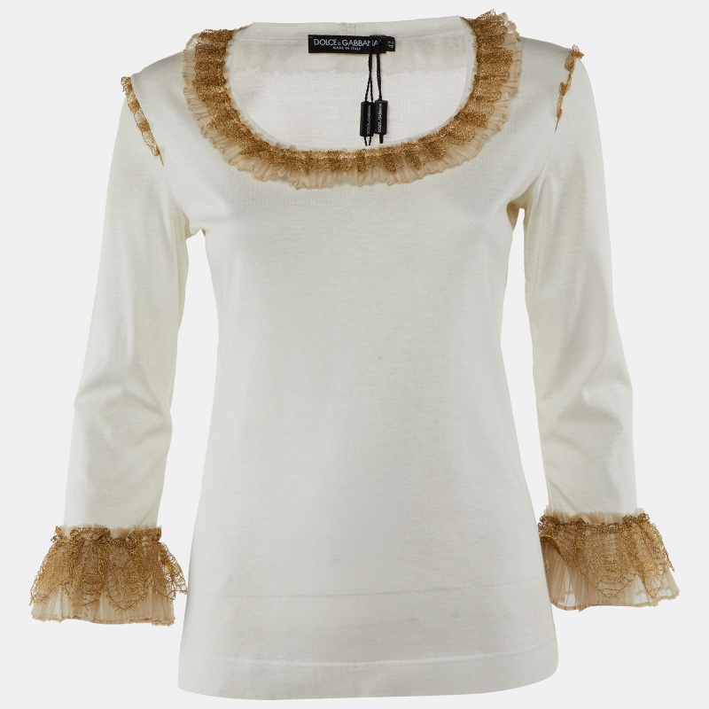 

Dolce & Gabbana Off-White Cotton Blend Knit Ruffled Top M