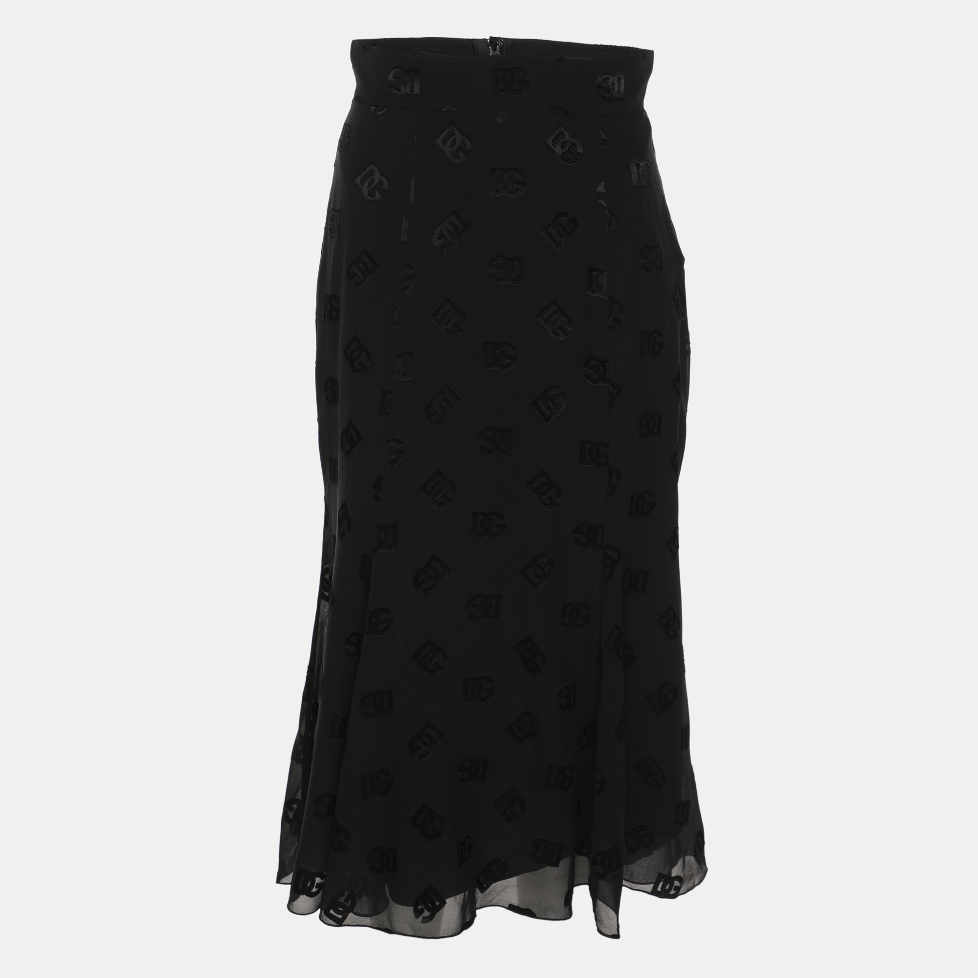 

Dolce & Gabbana Black Silk Logo Print Midi Skirt S
