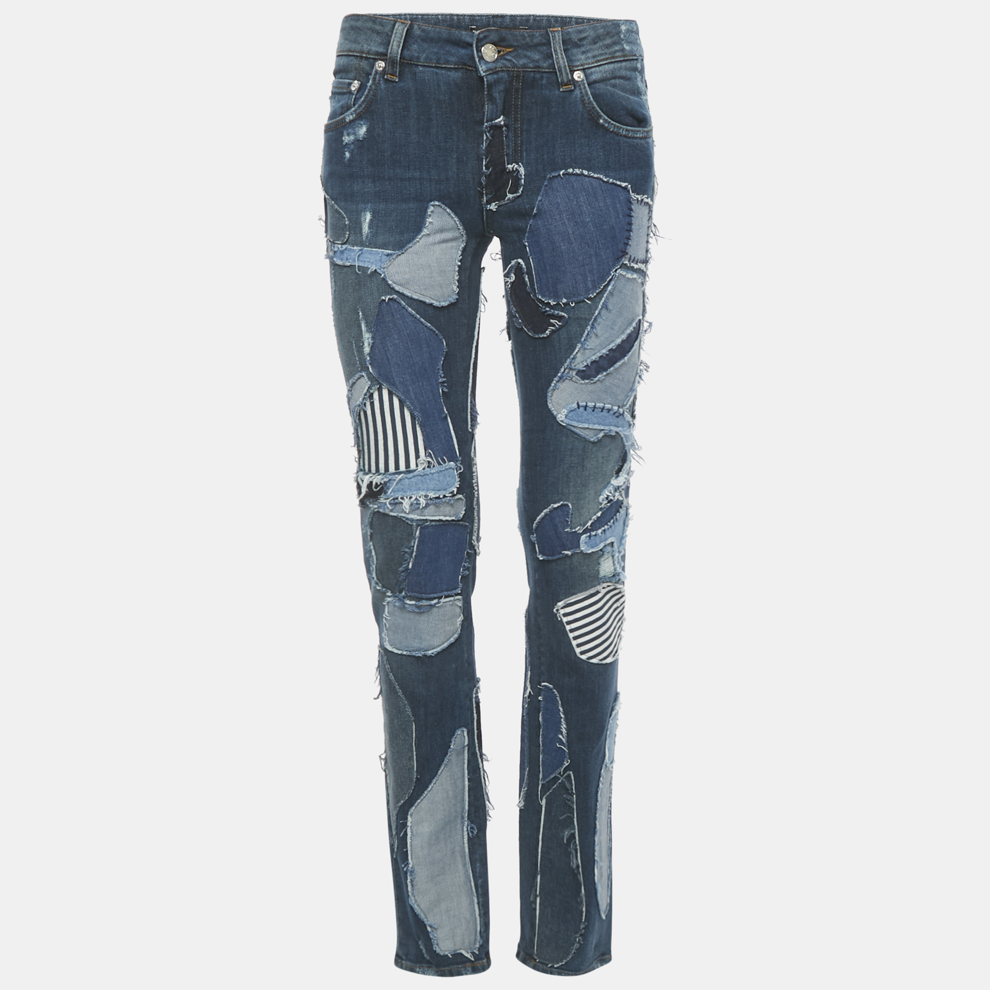 Pre-owned Dolce & Gabbana Blue Patchwork Denim Skinny Jeans S Waist 27"
