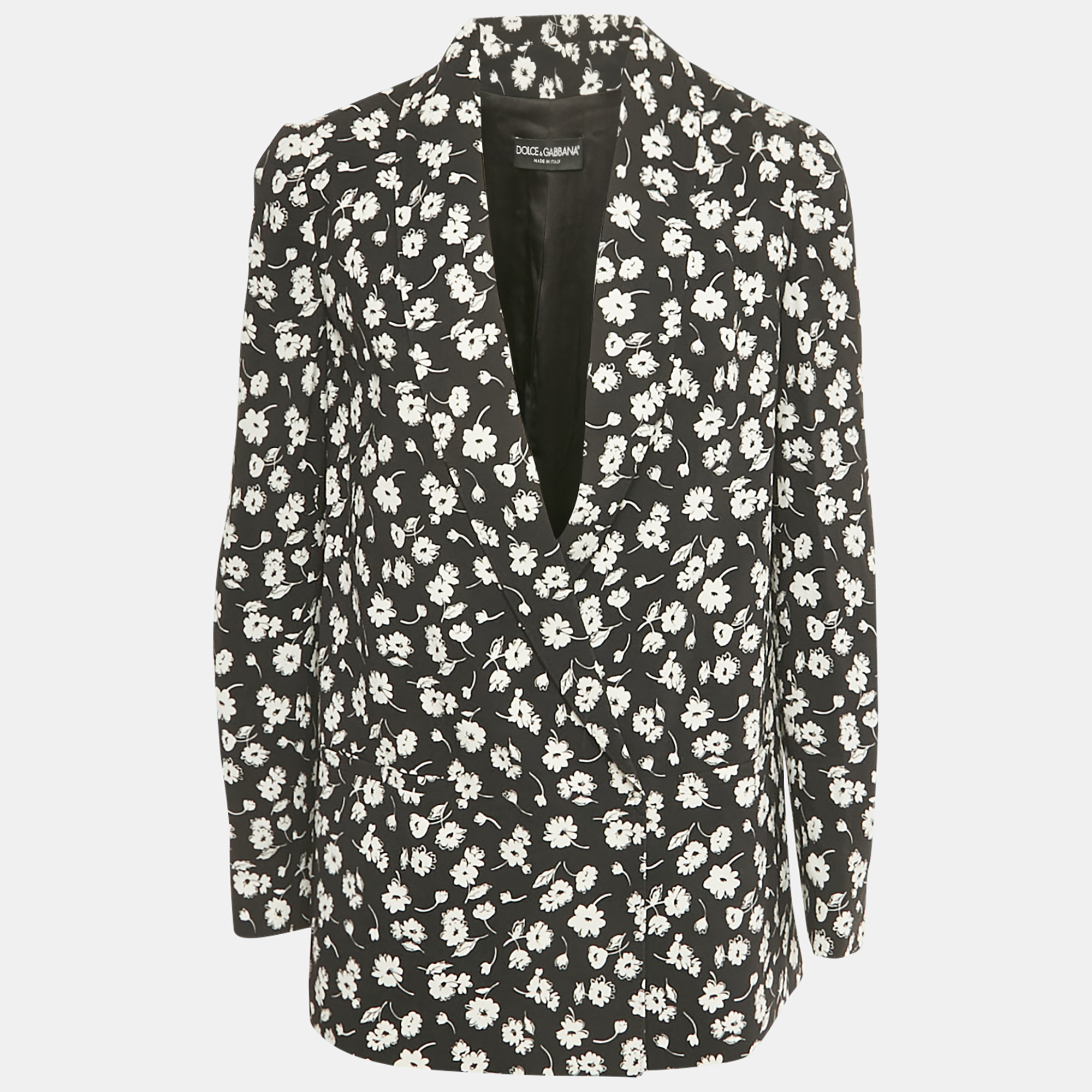 Pre-owned Dolce & Gabbana Black Cady Daisy Print Crepe Blazer S