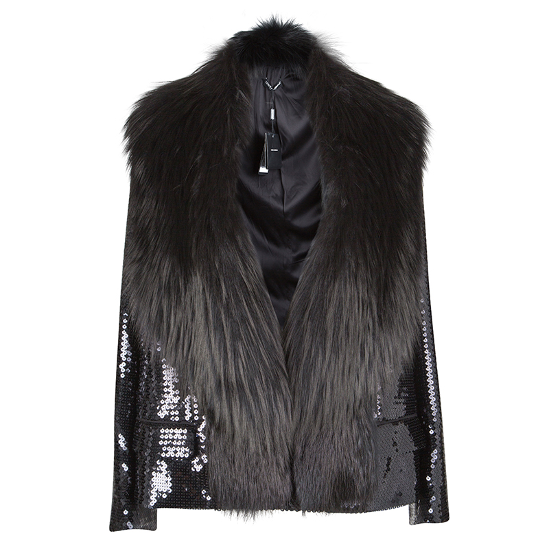 Pre Owned Dolce and Gabbana Black Sequin Paillette Embellished Fox Fur Collar Jacket M