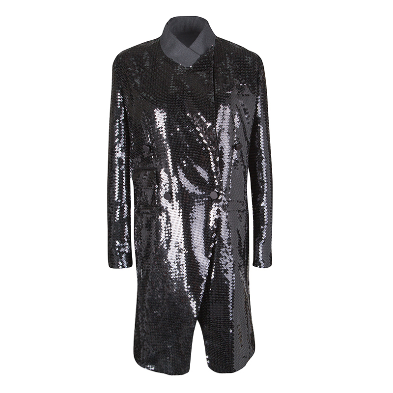 Pre Owned Dolce and Gabbana Black Sequin Paillette Embellished Velvet Trim Double Breasted Coat S