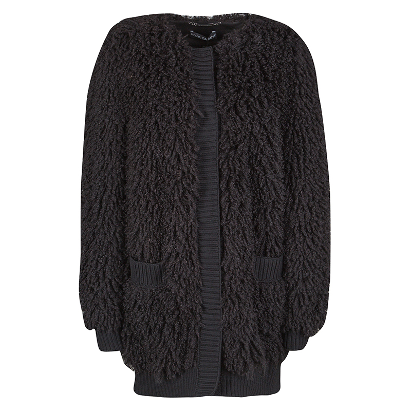 Pre Owned Dolce and Gabbana Black Wool Fringe Rib Trim Shaggy Coat L