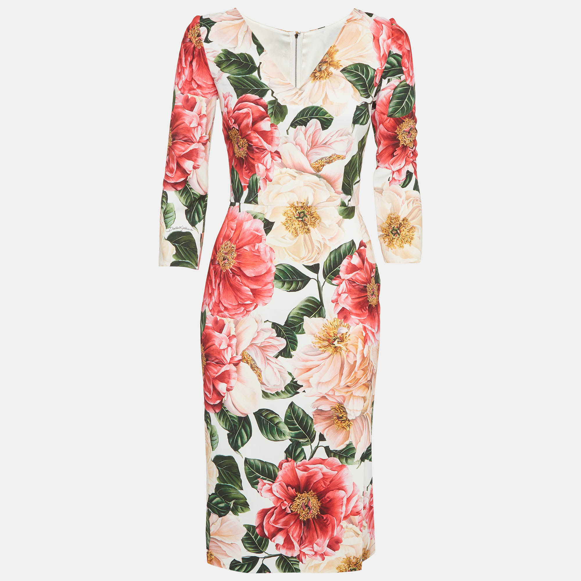 

Dolce & Gabbana White/Pink Floral Print Crepe Midi Dress S