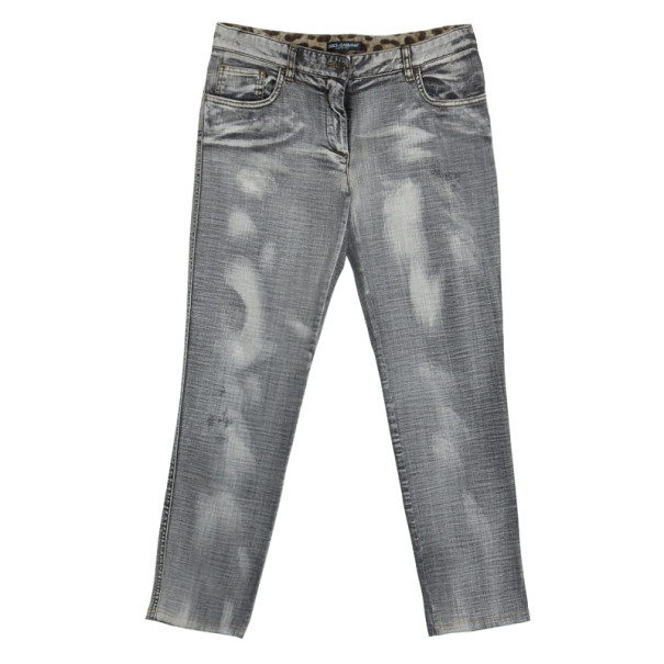 Pre Owned Dolce and Gabbana Grey Distressed Denim Jeans L