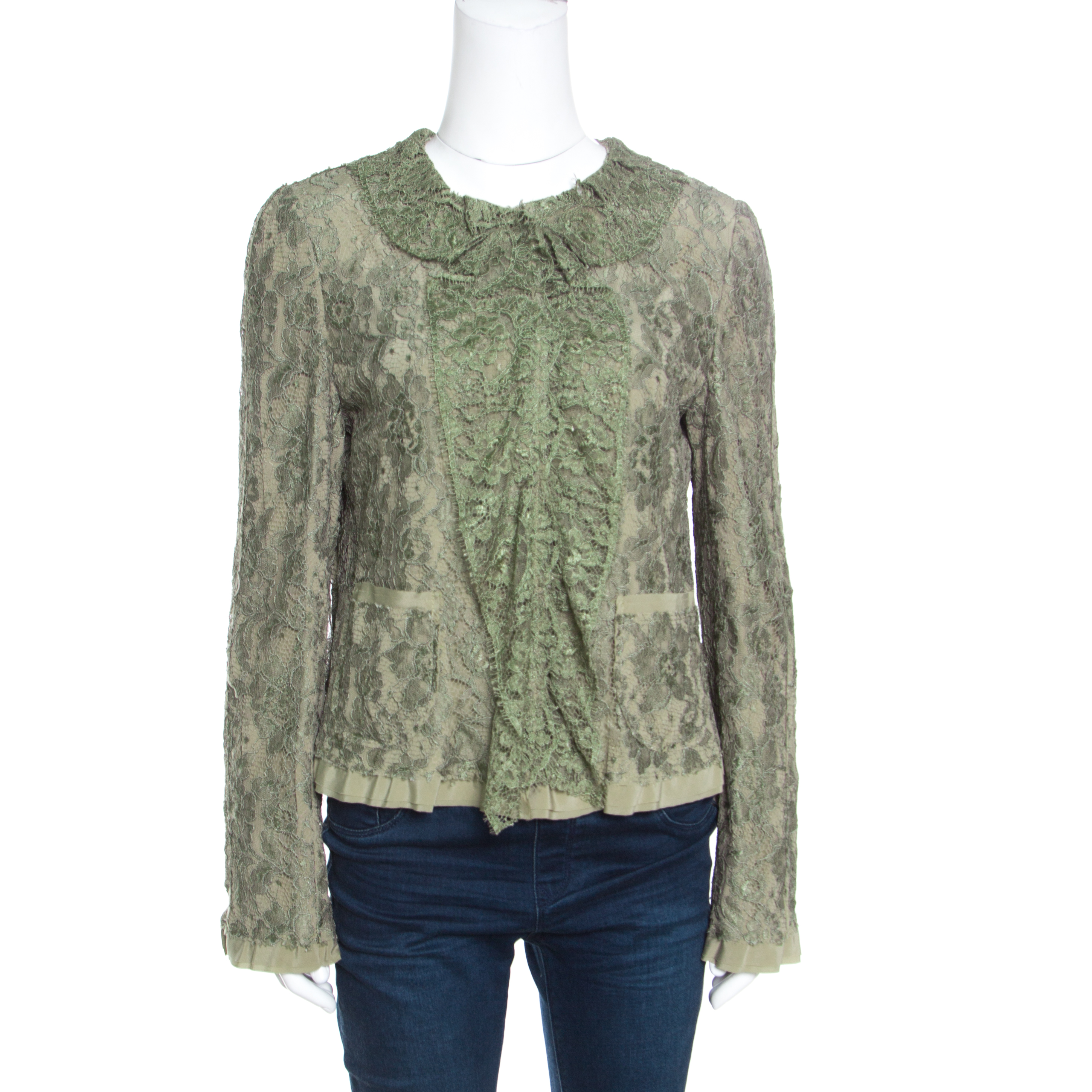 Pre Owned جاكيت دولتشي آند غابانا أخضر زيتوني مورد دانتيل مكشكش M