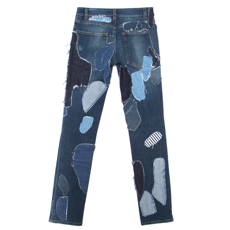 

Dolce & Gabbana Indigo Faded Effect Patchwork Detail Distressed Skinny Jeans, Blue