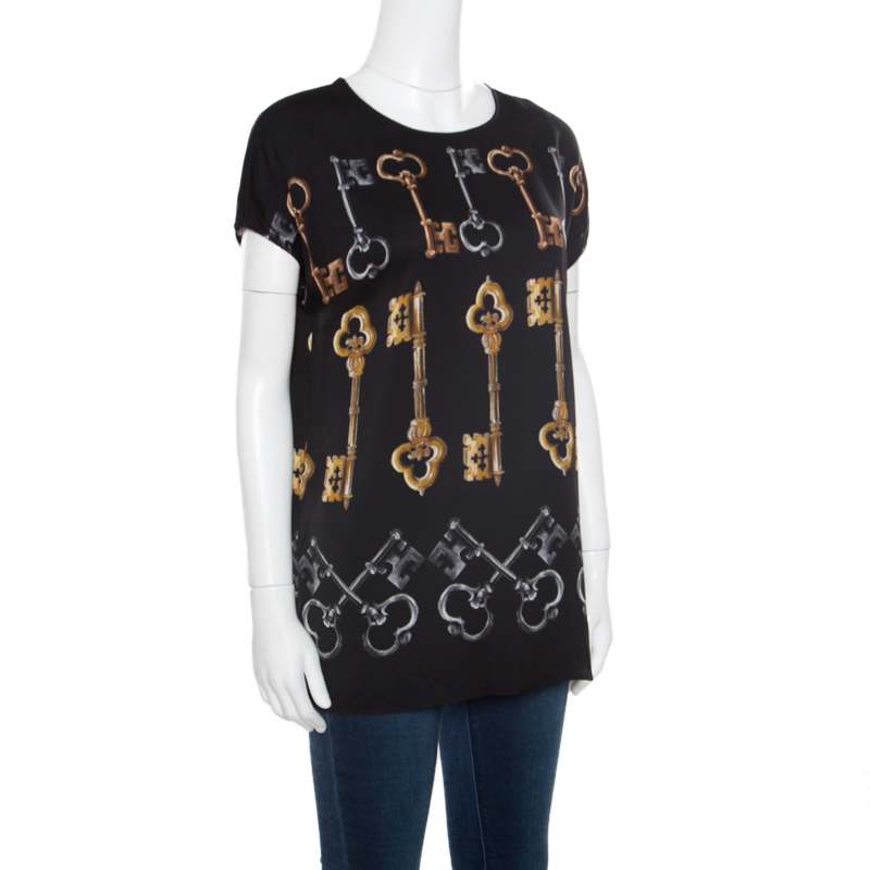 

Dolce & Gabbana Black Key Printed Silk Cap Sleeve Blouse