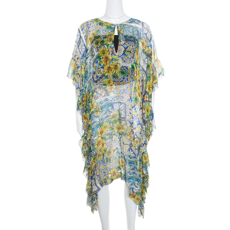 Dolce and Gabbana Yellow Floral Printed Sheer Silk Kaftan L