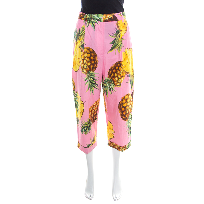 Pre Owned Dolce and Gabbana Pink Pineapple Printed Cotton High Waist Wide Leg Cropped Pants M