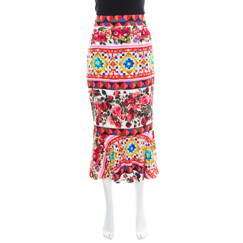 Pre Owned تنورة دولتشي أند غابانا مامبو فلاونس حرير مطبوع متعدد الألوان M