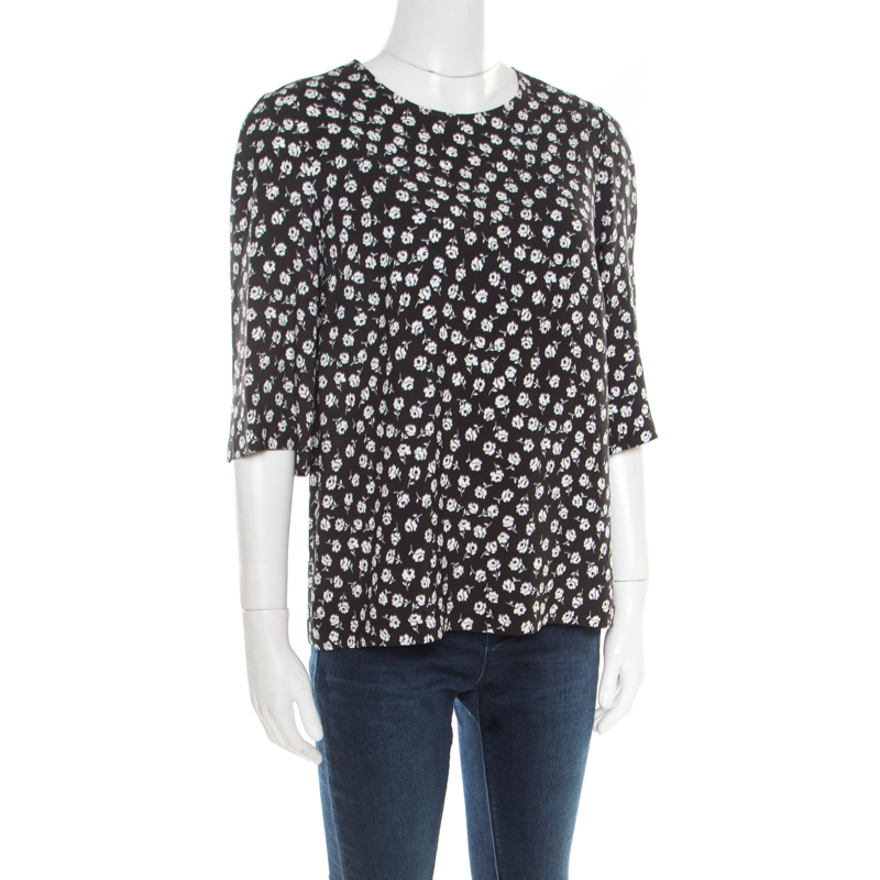 

Dolce & Gabbana Flower Motif Printed Crepe Boxy Blouse, Black