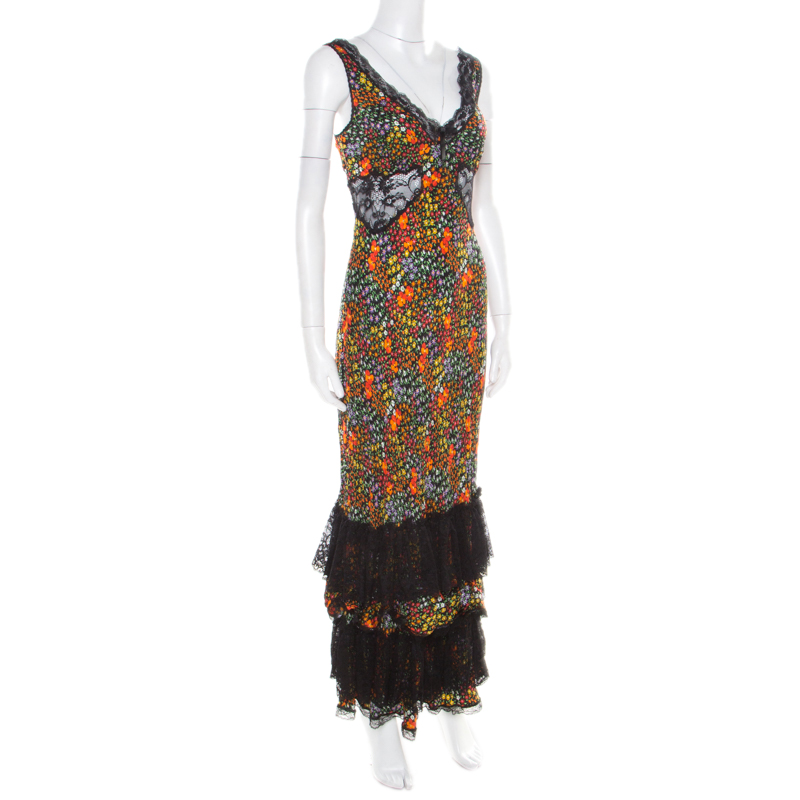 Pre-owned Dolce & Gabbana Multicolor Floral Print Silk Sheer Lace Insert Sleeveless Maxi Dress M In Black
