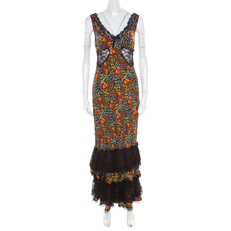

Dolce & Gabbana Multicolor Floral Print Silk Sheer Lace Insert Sleeveless Maxi Dress, Black