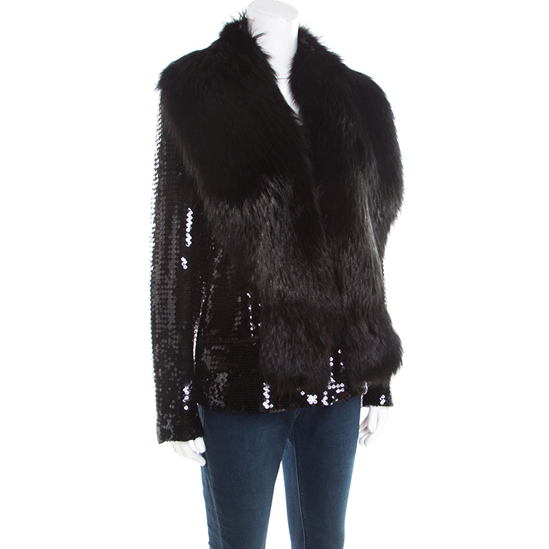 

Dolce and Gabbana Black Sequin Paillette Embellished Fox Fur Collar Jacket
